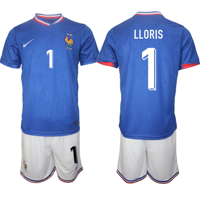 Men's France #1 Hugo Lloris Blue 2024-25 Home Soccer Jersey Suit